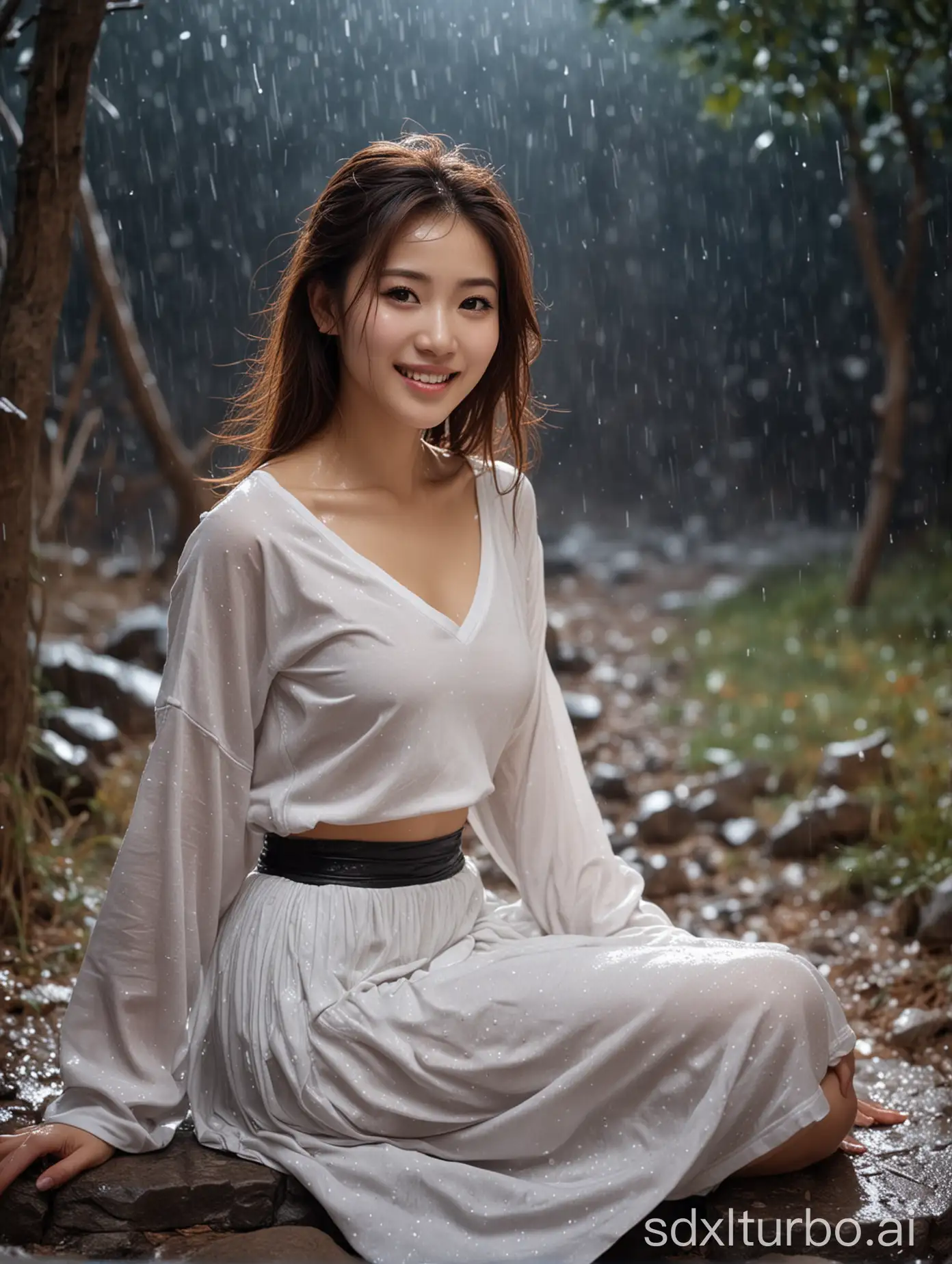 Chinese-Woman-in-Winter-Night-Rain-Sitting-on-Stone-in-Countryside