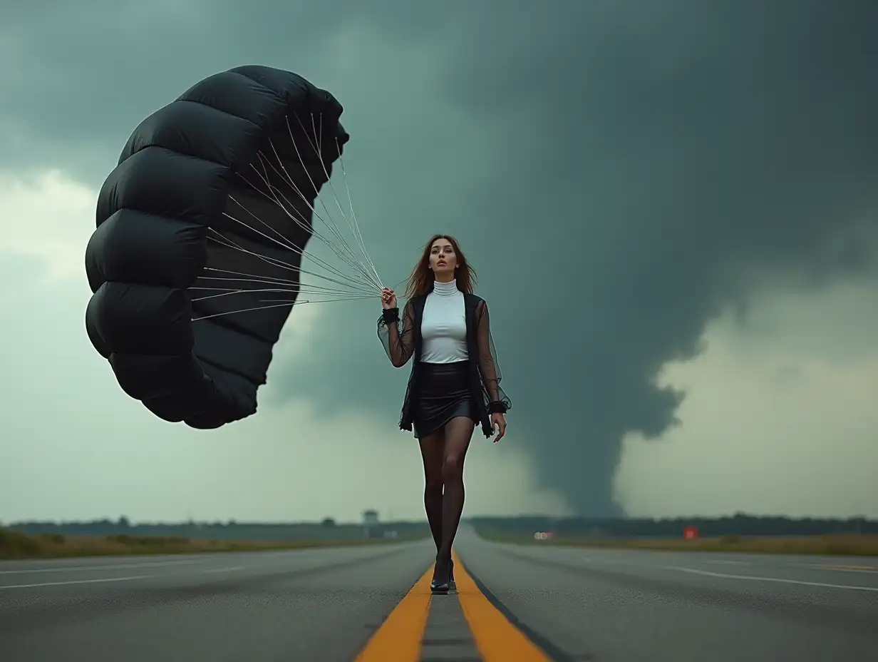 Athletic-Girl-in-Glossy-Attire-Pulling-a-Parachute-Against-a-Stormy-Backdrop