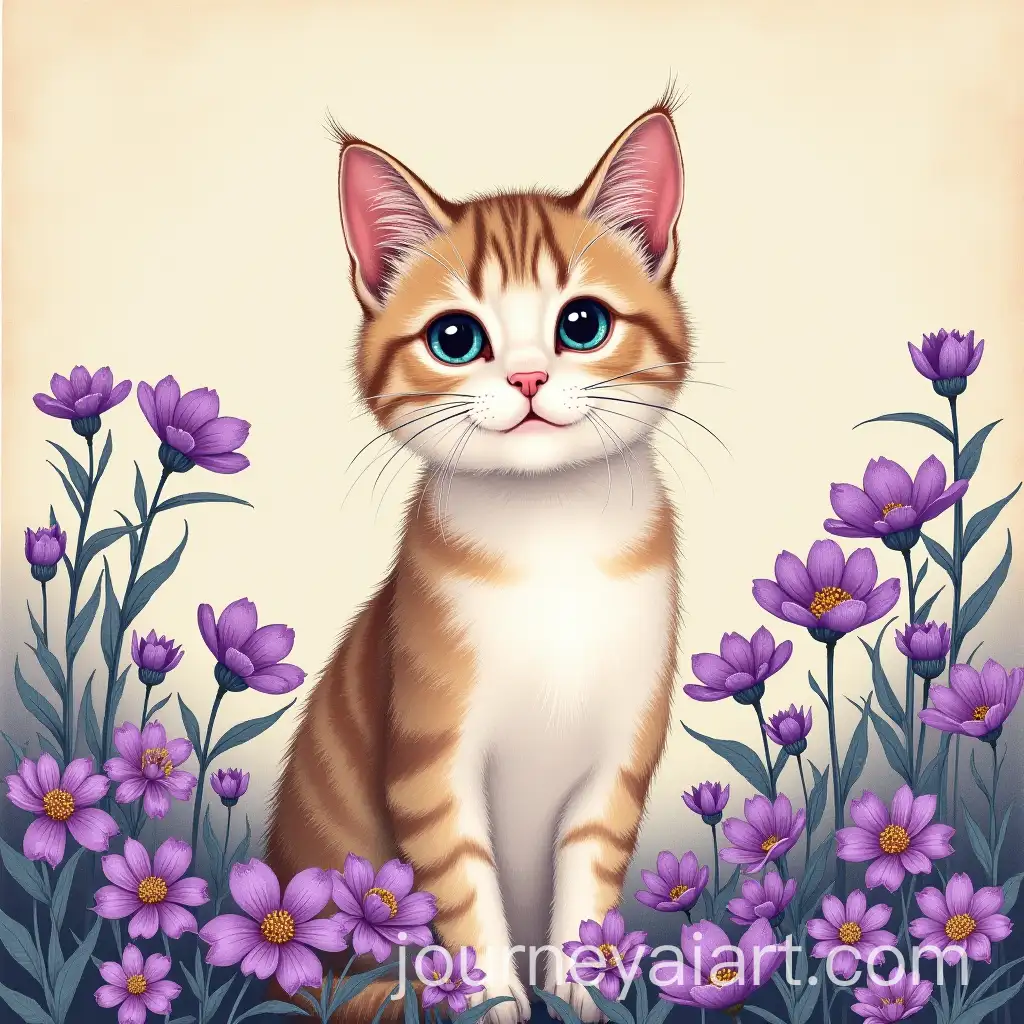 Japanese-Cat-Painting-with-Purple-Flowers