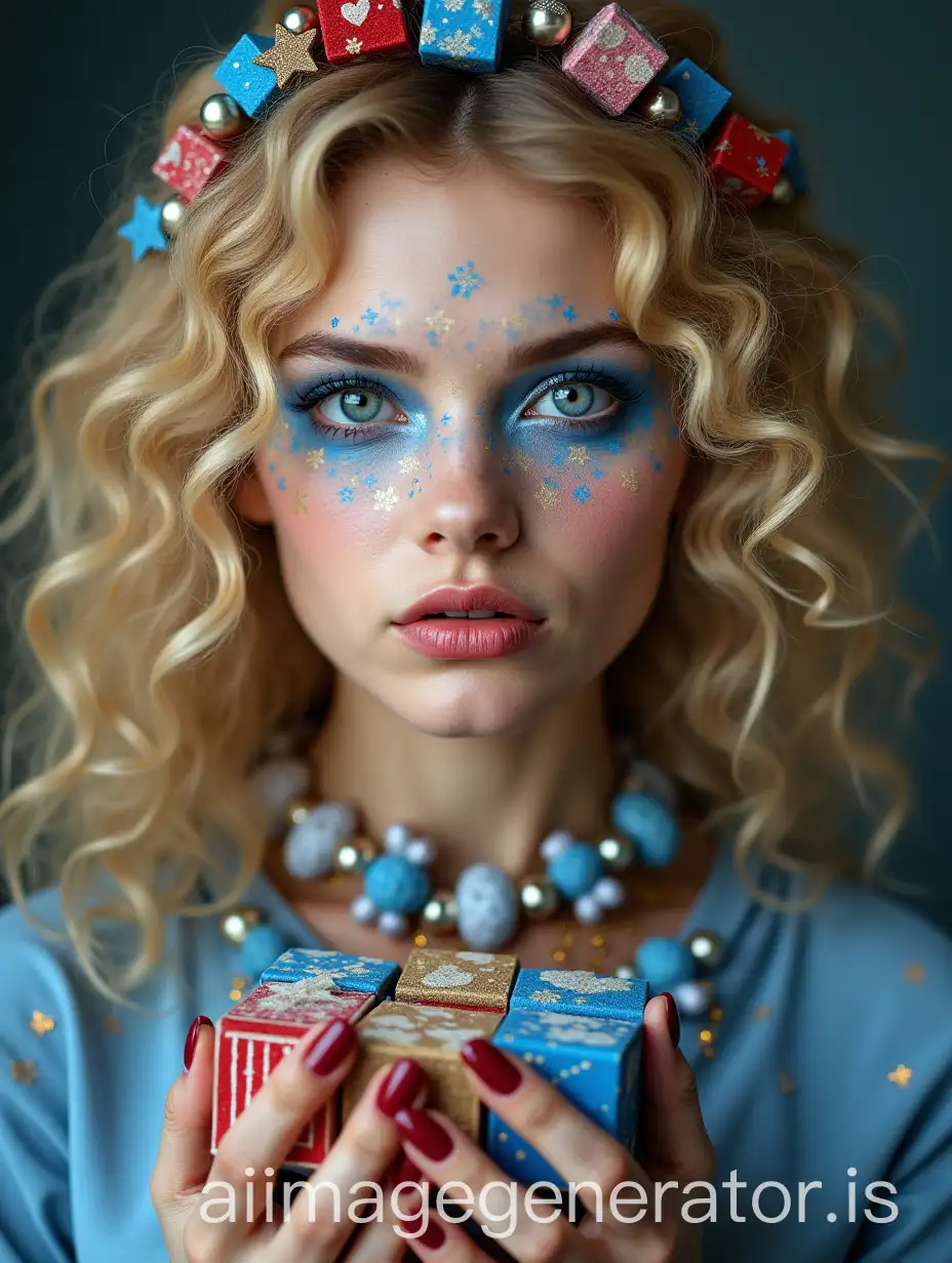 Young-Russian-Woman-Adorned-with-Colorful-Box-Decorations-and-Artistic-Face-Paint