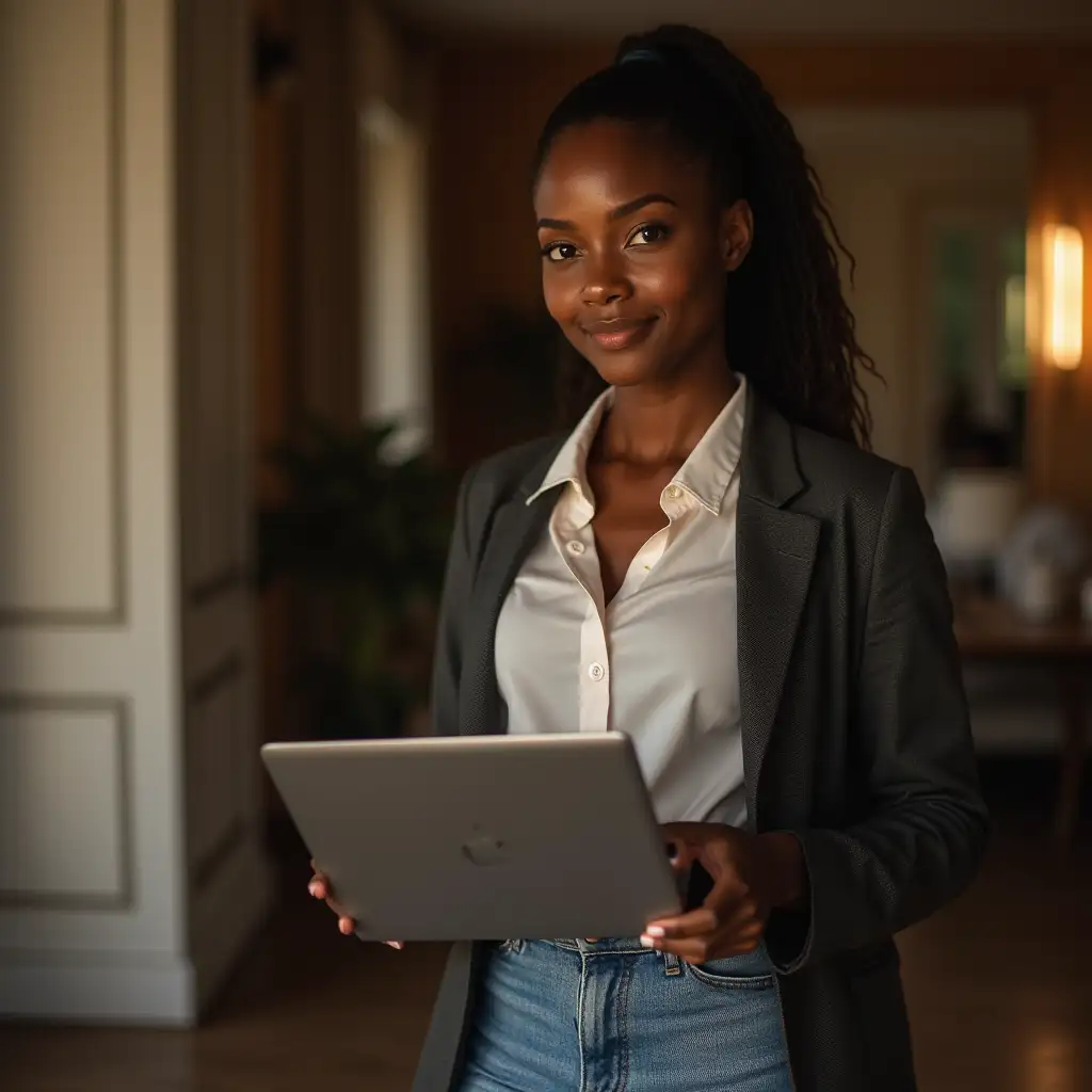 Stylish African American Woman in Blazer and Jeans with Laptop in Luxury Setting