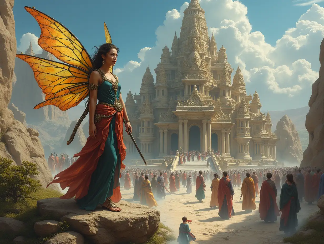 ultradetailed hyperrealistic portrait woman with dragonfly body stands on a rock and has a lance in her hand before a large temple with many people elaborately detailed, colorful