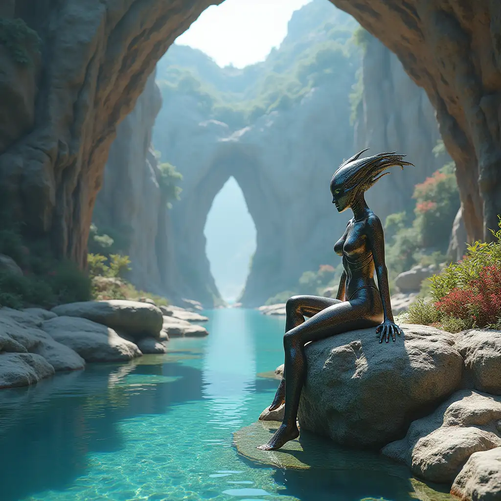 user_prompt: Hyperrealistic view of a beautiful alien queen on a rock in the futuristic river channel with elaborately detailed, colorful and stony background