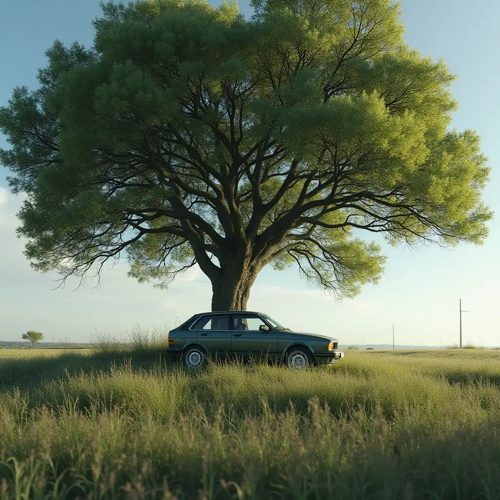 A car under a big tree