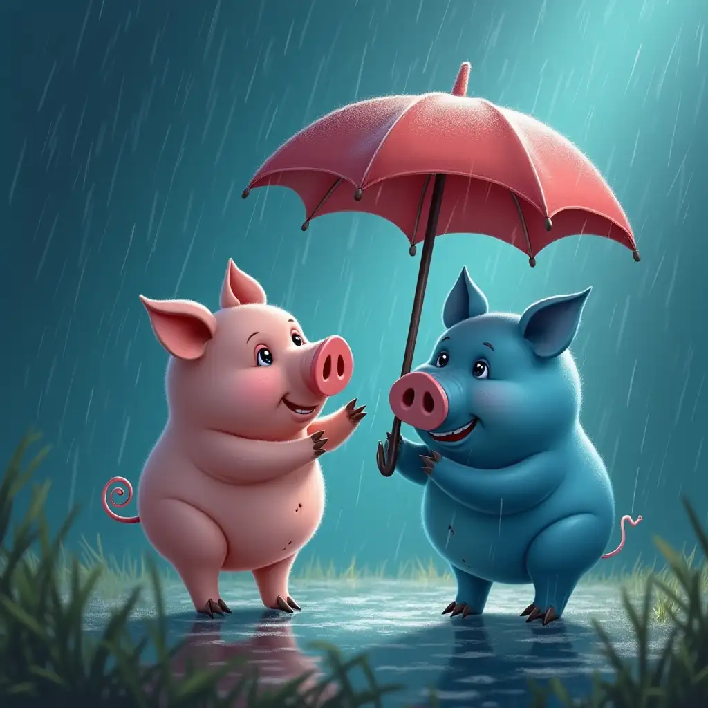 pig holding an umbrella for a blue pig in a storm