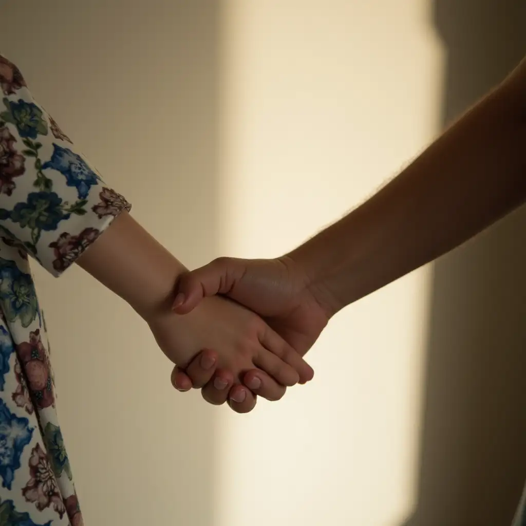 A shadow of a mother’s hand holding her daughter’s, symbolizing both connection and parting.