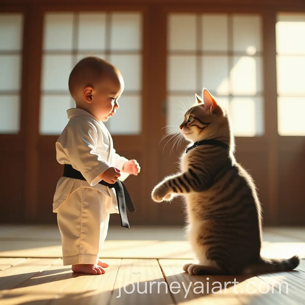 Baby-and-Cat-in-Traditional-Japanese-Dojo-Preparing-for-Karate-Showdown