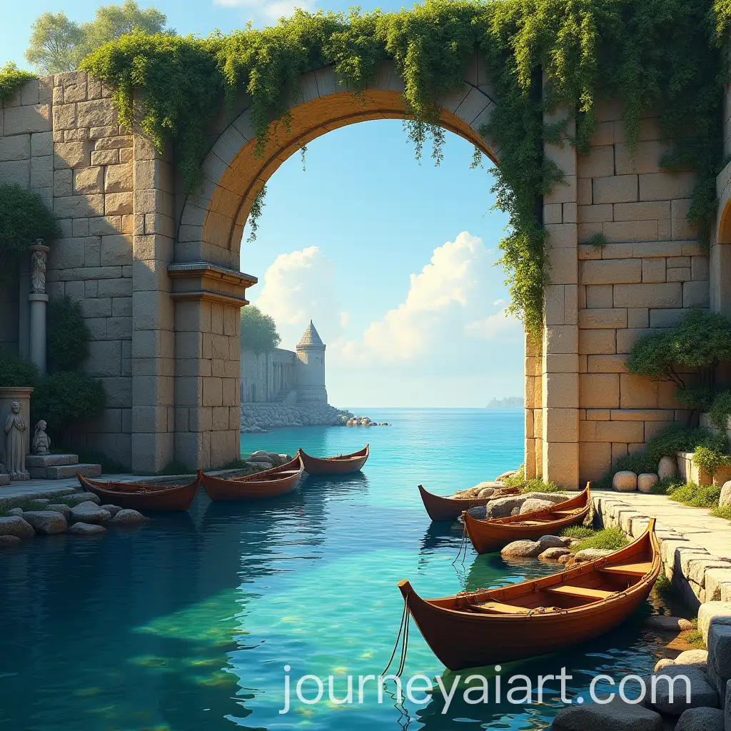 Roman-Archway-Harbor-at-Sunset-with-IvyCovered-Stones-and-Wooden-Fishing-Boats