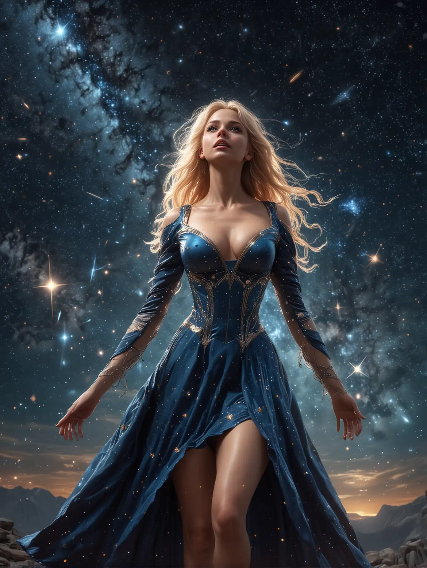 Whimsical style quality, digital drawing mode, cosmic-themed, a beautiful sarah vandella with awesome cleavage character, long hair with sparkling stars, deep blue eyes, wearing a dress with a cloak that looks like the night sky, standing with one hand raised to the heavens, summoning a meteor shower, body arched backward, surrounded by cosmic energy, radiant skin, mysterious and powerful expression, full body, dynamic pose, life size, perfect anatomy, detailed skin texture, full HD, 4K, HDR, perfect anatomy, depth of field