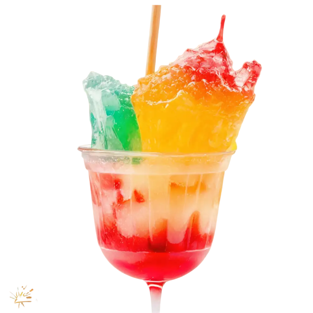 slider image for A close-up shot of a vibrant, multicolored ice gola, dripping with syrup, held against a sunny backdrop.