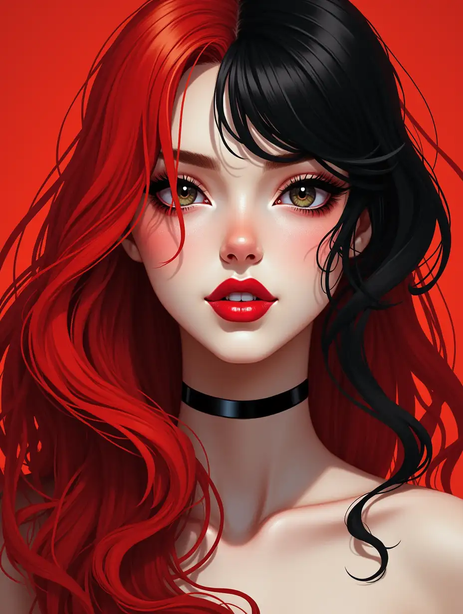 Depiction of a beautiful white woman with long red and black mix