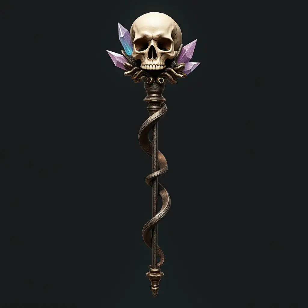 A curved staff with a skull on top, with crystals attached to it