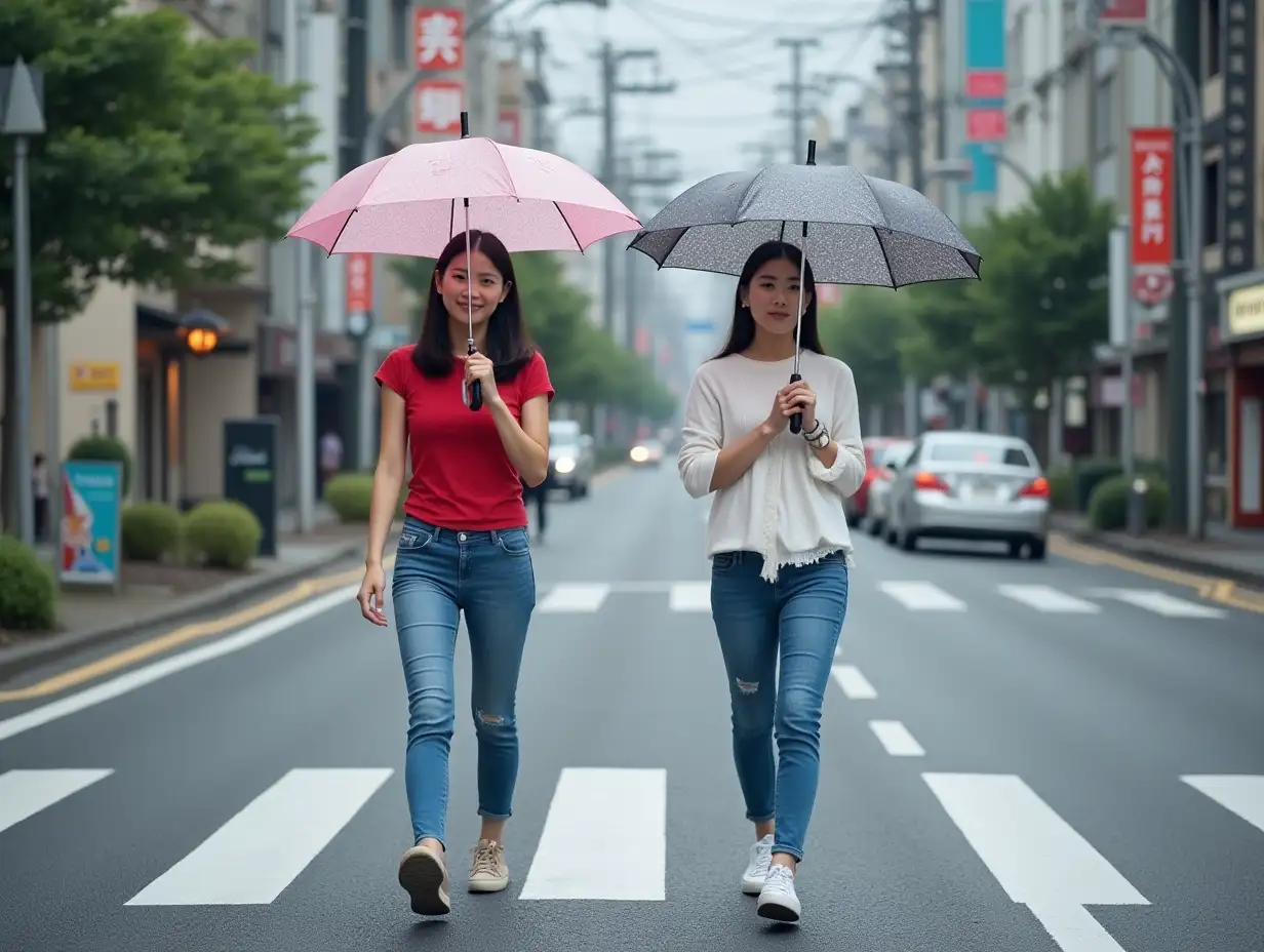 Two young Japanese women, one wearing a red top and blue jeans, the other wearing a white top and jeans, both holding umbrellas, walking on the streets of Tokyo