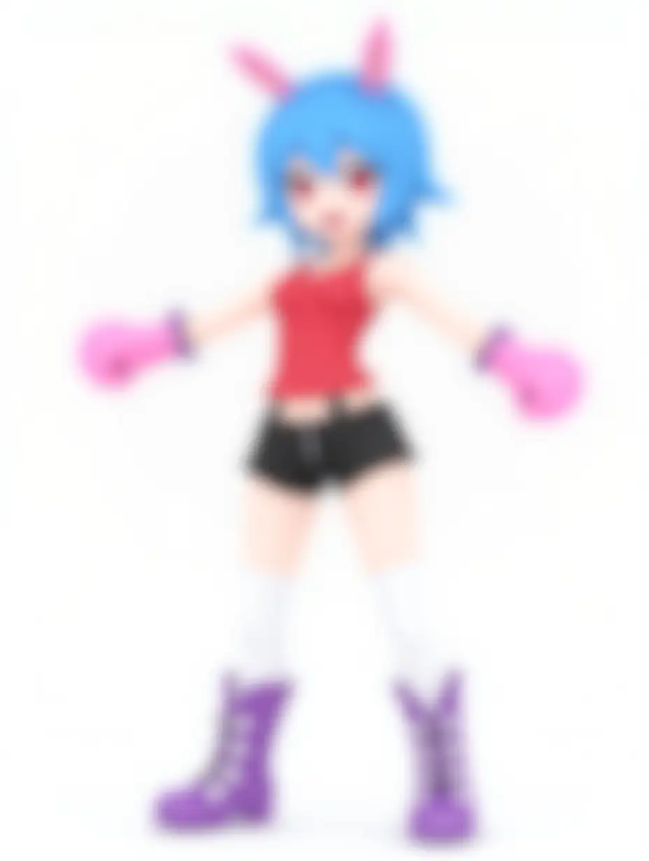 An anime-style 3d-render of a character with vibrant blue hair and bunny ears, standing in a neutral T-pose. Arms are horizontally extended. The character is wearing a red sleeveless top, black shorts with silver chains, white thigh-high stockings, and purple knee-high boots with detailed laces. Both hands are wearing bright pink boxing gloves, and the character’s expression is cheerful and playful. The overall style is colorful and dynamic, with clean lines and a vivid cartoon-like aesthetic. Background is plain white.