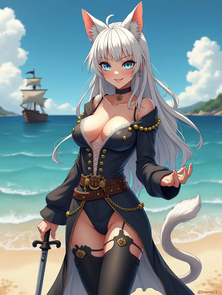 A mature adult tall feline/woman dressed as a pirate with a sword on a beach. A pirate ship in the background. Her 30-something years are disguised by her youthful facial features, except for her subtle wrinkles around the eyes, extremely slender body. Her ample bosom strains against her clothing, threatening to burst free from the fabric, extreme cleavage. Midriff. Wearing black thigh high pirate boots. She has piercing blue cat eyes. A choker adorns her neck, a subtle hint at her feline nature. Her long, white hair cascades down her back like a wild waterfall, tangled and disheveled. Her cat-like teeth glint in the light, as her white fur-lined ears punctuate her visage with sparkling black and gold earring adorns each ear, adding a touch of elegance to her feline features. Cat whiskers on her face. The attached tail at the base of her spine stirs lazily. Long fingernails. Full body view. Anime.