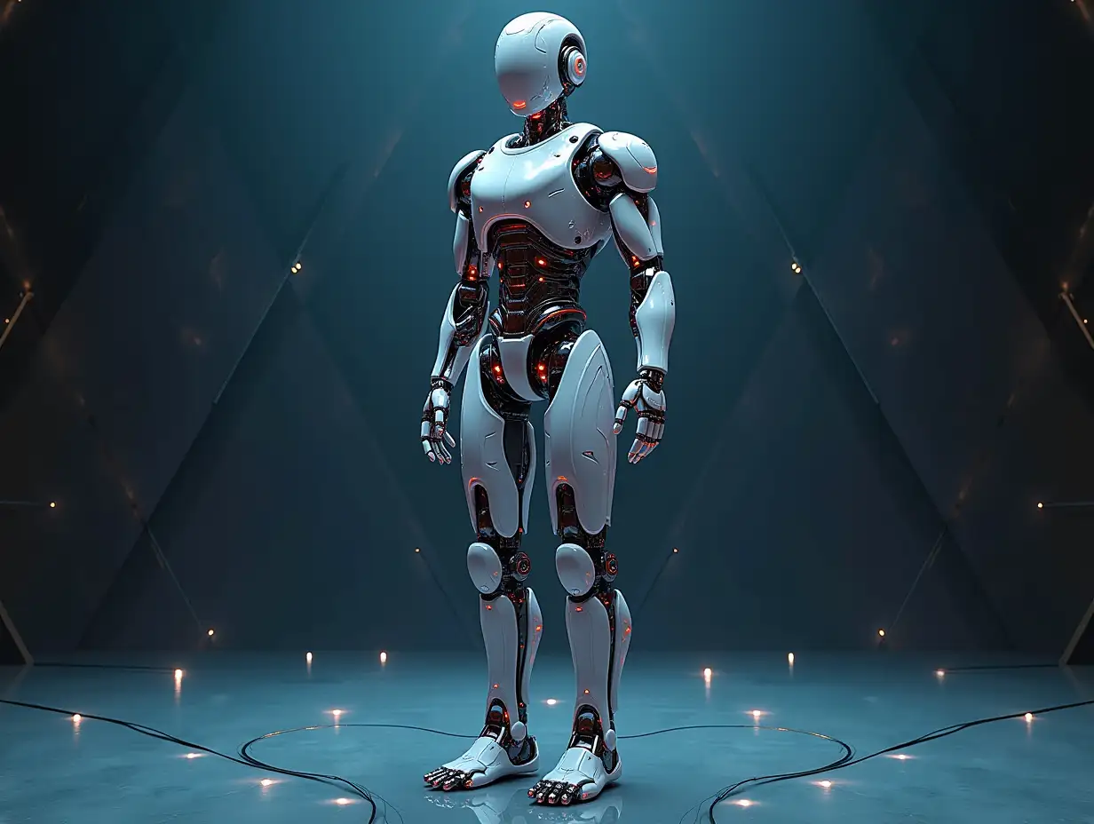 Create a high-resolution, realistic image of an artificial intelligence Fractal colored humanoid robot on a photo studio floor with 4-k resolution.