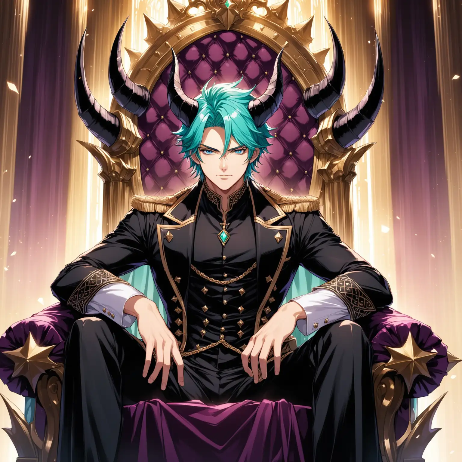 Ambitious Anime Character with Aqua Hair Sitting on Throne