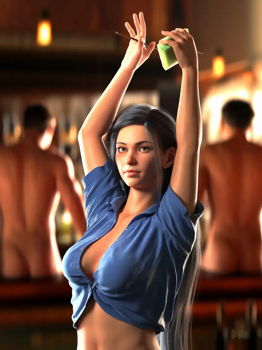 Realistic-Woman-in-a-Bar-Holding-Stick-and-Sponge-with-Naked-Men-in-Background