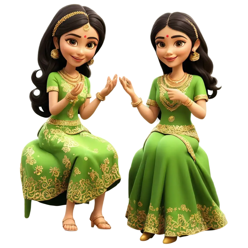 Four-Ladies-Enjoying-Mehndi-Ritual-in-Green-Outfit-3D-Cartoon-PNG-Image