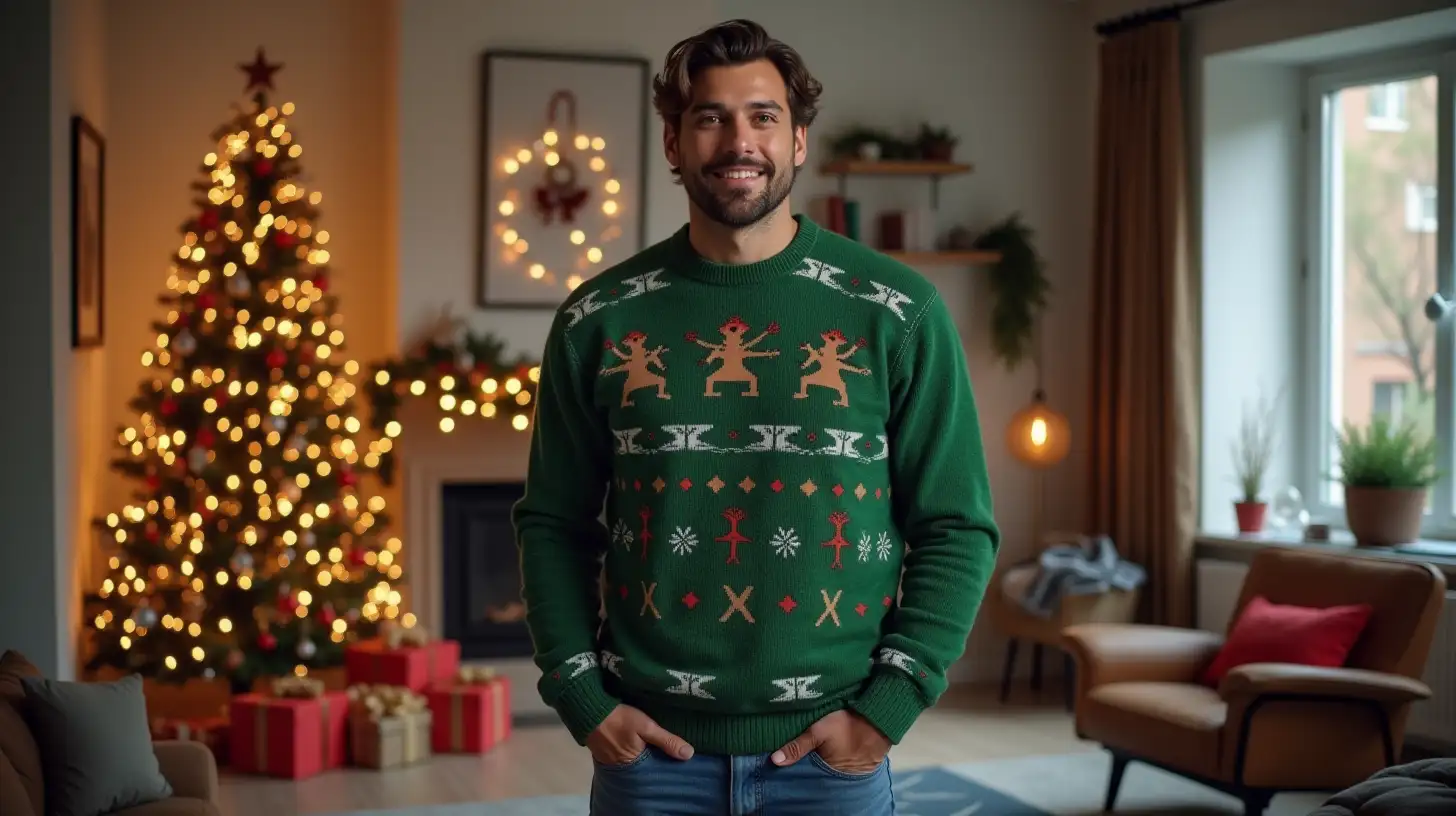 Latin Man in Christmas Sweater Celebrating in Modern Apartment