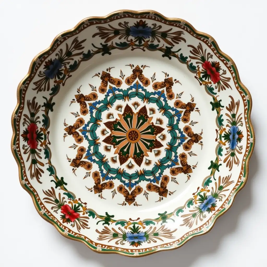 Ruffled edge circle ceramic with embossed beautiful handle,Underglaze painting on white body, Fine art, Hyper detailed, Antique and old, Qajar art, Iranian Tabriz carpet design