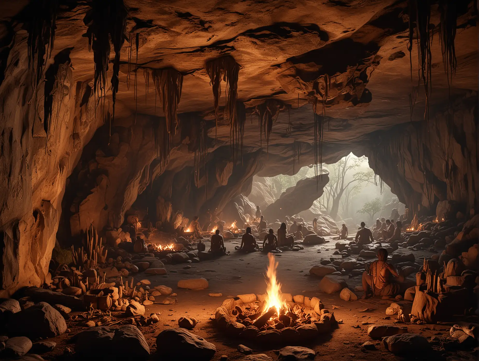 16:9 cinematic 8K landscape depiction of a prehistoric Indian civilization inside a cave. The scene captures the raw, ancient atmosphere of early human life. The cave's interior is illuminated by the flickering light of a central fire pit, casting dramatic shadows on the rough, stone walls adorned with primitive cave paintings depicting hunting scenes, animals, and mystical symbols.nnAround the fire, early brown skin humans, clad in animal skins, are engaged in various activities—some are crafting tools from stone and bone, others are cooking or sharing stories. The cave's entrance, partly obscured by hanging vines and large rock formations, offers a glimpse of a dense, primordial forest outside. The scene is rich with earthy textures, from the rugged rock surfaces to the wooden and stone tools scattered around. The air inside the cave seems heavy with smoke and the scent of the forest, adding to the immersive atmosphere.nnStyle: Hyper-realistic, with a focus on high detail and texture, using a cinematic approach to lighting and composition. The color palette is earthy and subdued, with dynamic lighting that emphasizes the contrast between the warm firelight and the cooler tones of the cave and surrounding nature.