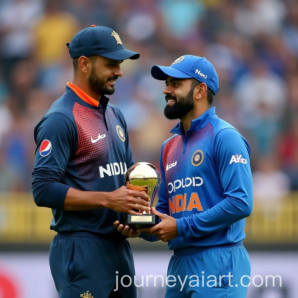 Virat-Kohli-Receiving-the-Trophy-from-MS-Dhoni-After-Victory