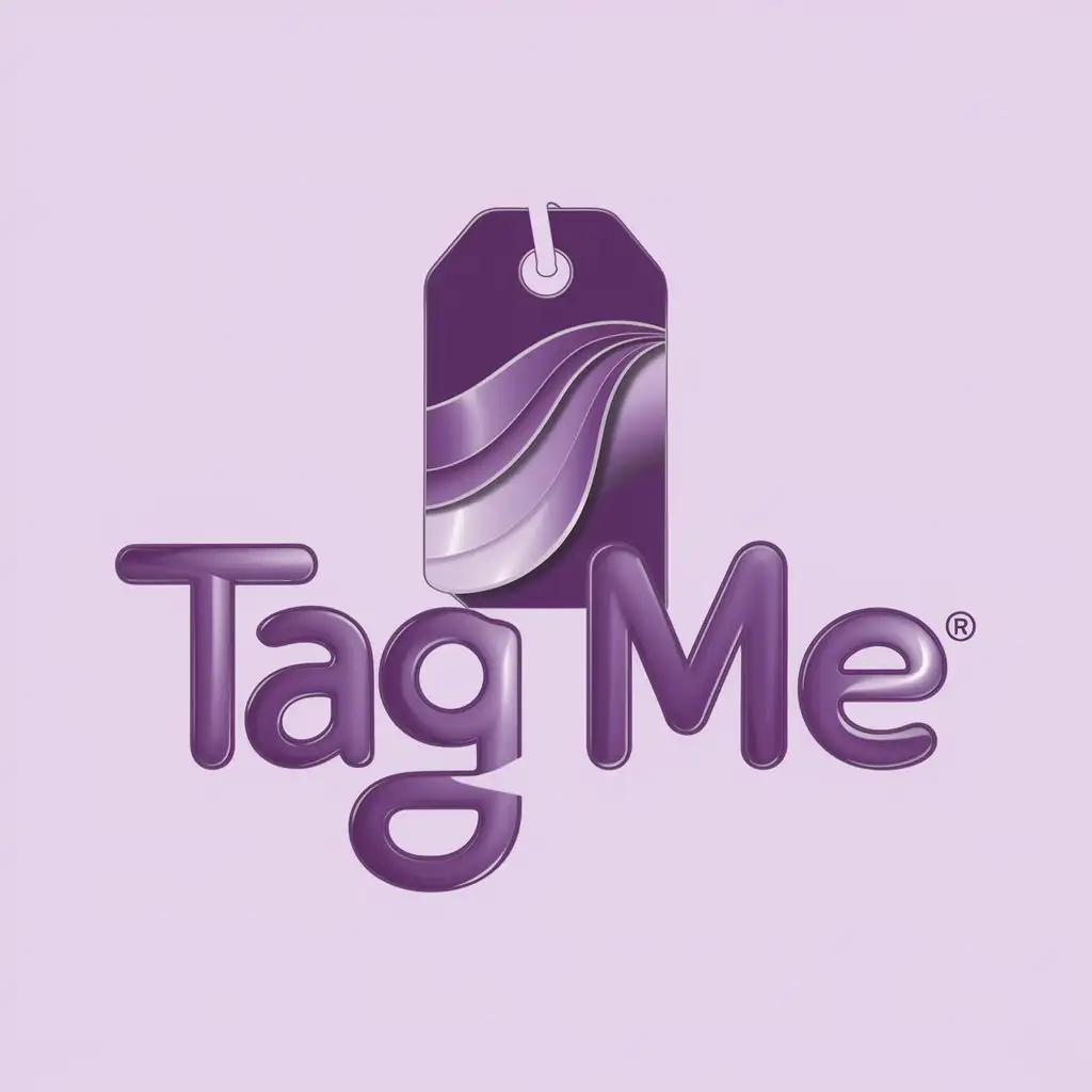 Create a logo for the application, you need to make a clothing tag in the middle with a purple gradient. There are bulky inflated letters "Tag me" inside it. The font should be neat, smooth and swirling.