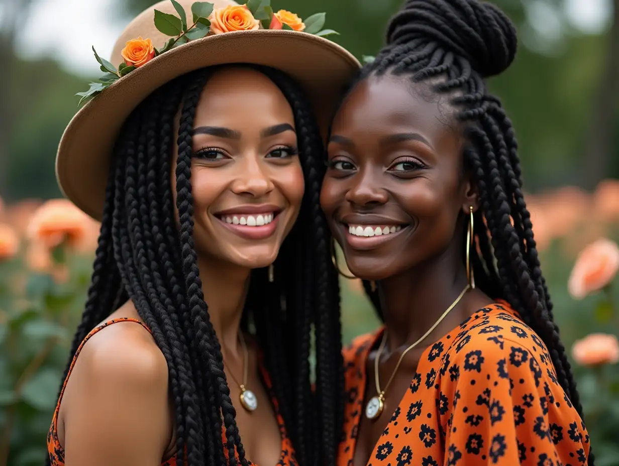 Two different black and white women with dreadlocks wear an orange and black patterned blouse, a light smile on their faces, tattoos, with a retro mini hat with flowers, white lipstick accentuates their smile, modern jewelry and more, in a park with many roses light shades 4k quality