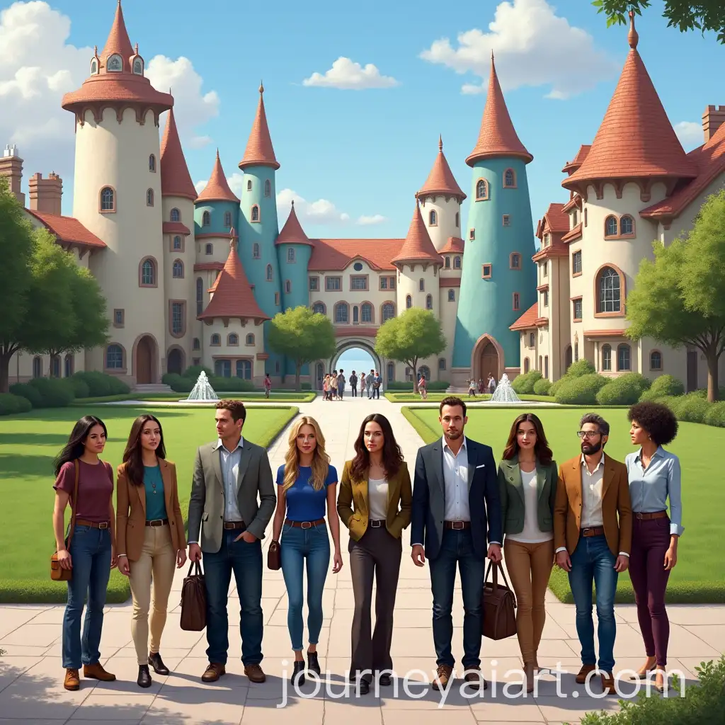 Diverse-Group-in-Whimsical-University-Campus-Setting
