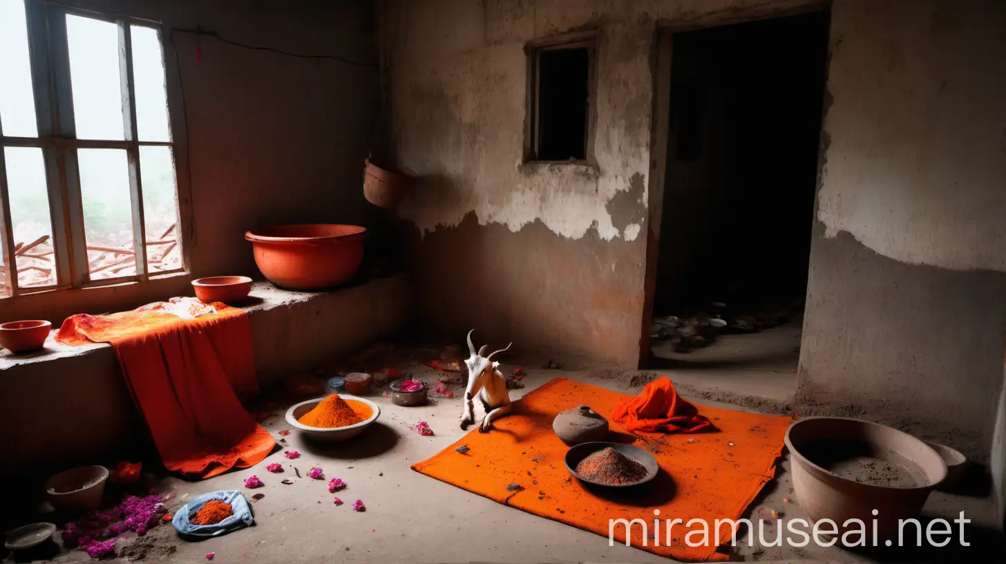 Indian Traditional Ritual Setting with Utensils and Garlands