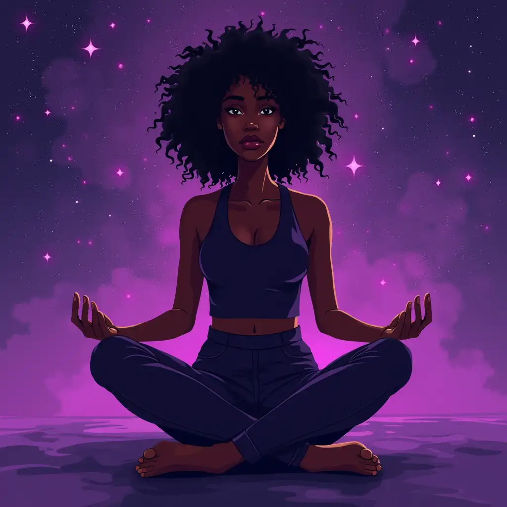 Black Woman Meditating in Purple Galaxy