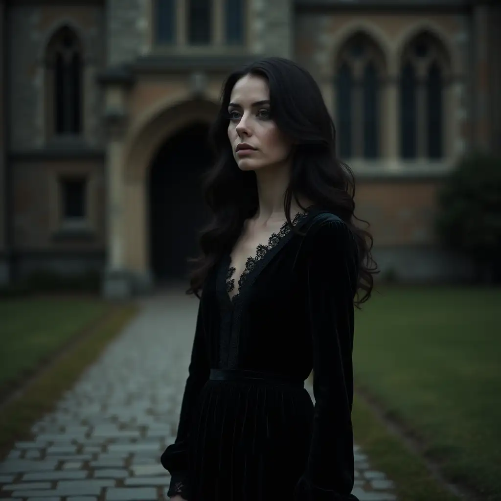 A woman in a black velvet dress with lace detailing, standing on a stone path in front of a gothic building, her dark hair cascading down her back, her gaze fixed on something in the distance, a sense of mystery and intrigue radiating from her. [Fashion photography, gothic style, reminiscent of the works of Tim Walker], [Soft, diffused lighting, moody atmosphere, dark background, sharp focus on the subject, shallow depth of field, 50mm lens]