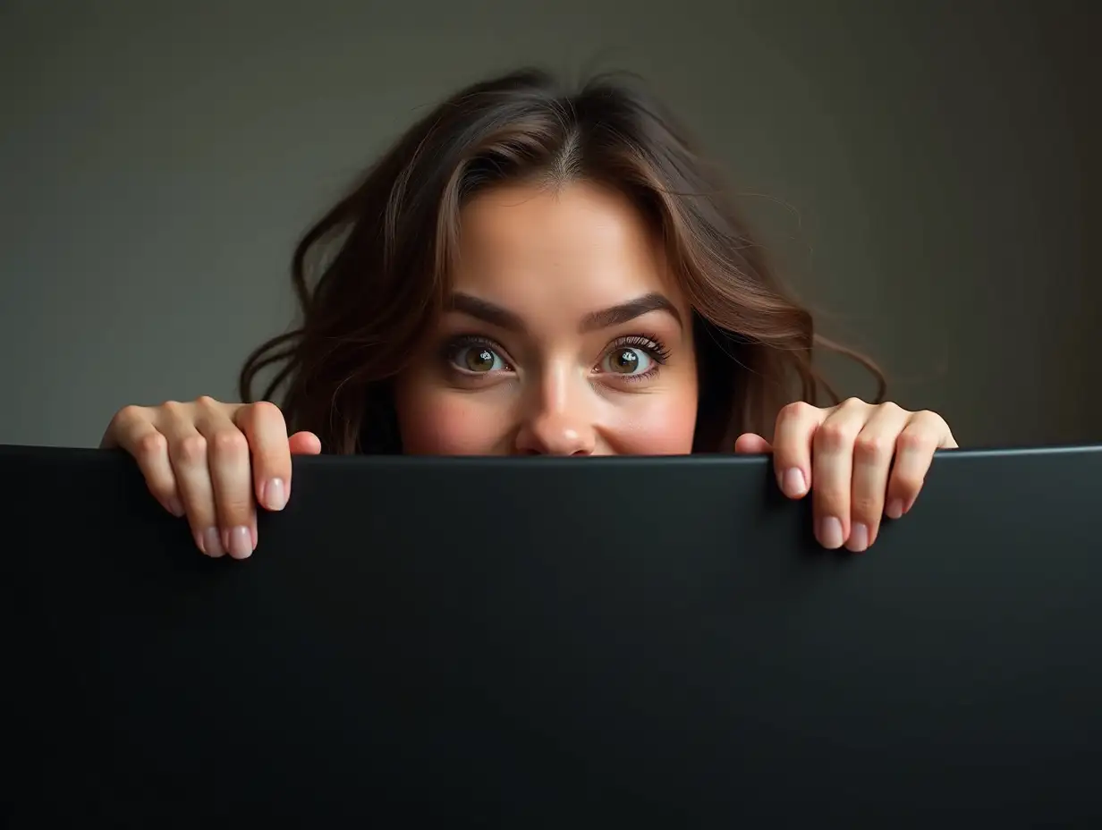 Woman-Peeking-Over-Black-Surface-with-Playful-Expression-and-Exaggerated-Features