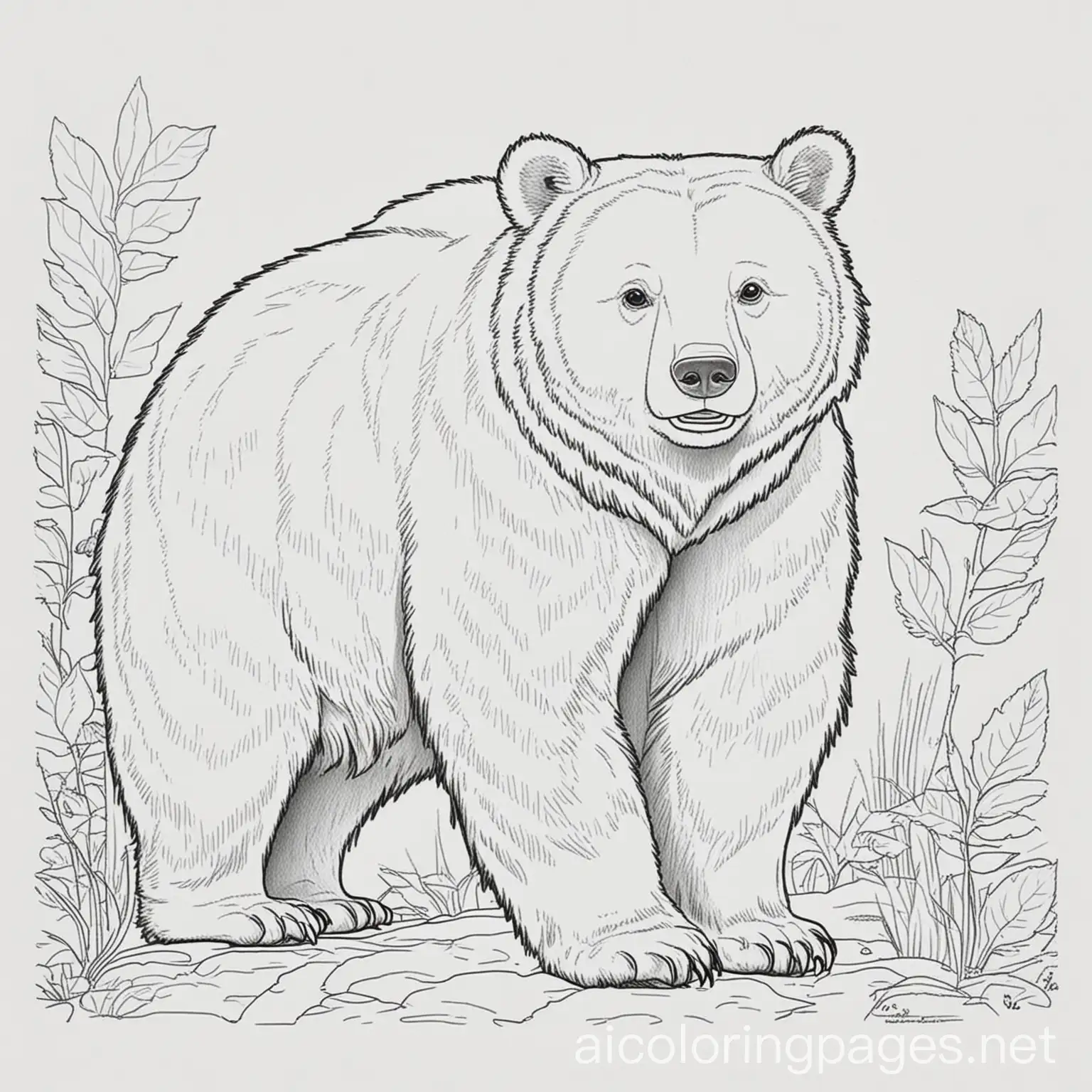 animals coloring book brown bear, Coloring Page, black and white, line art, white background, Simplicity, Ample White Space. The background of the coloring page is plain white to make it easy for young children to color within the lines. The outlines of all the subjects are easy to distinguish, making it simple for kids to color without too much difficulty