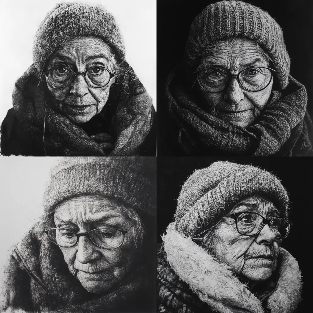 Old-Woman-in-Glasses-Wearing-Woolen-Hat-and-Shawl-in-Charcoal-Drawing