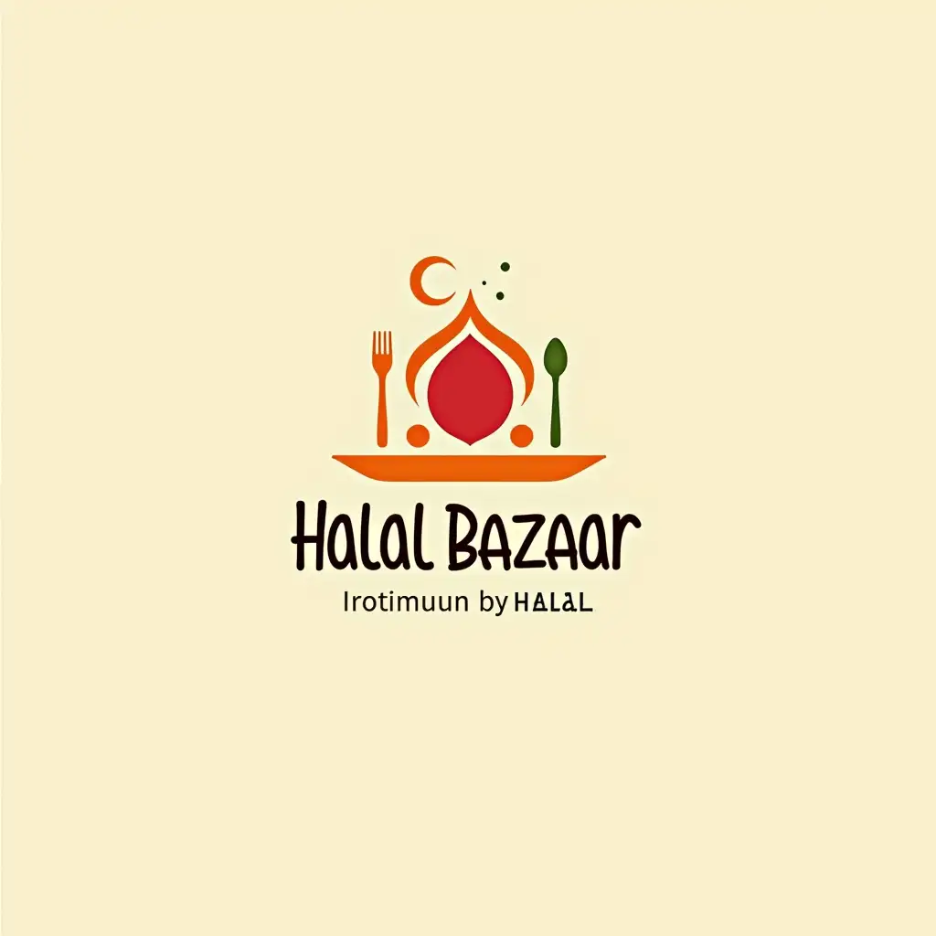 Create an inviting and appetizing logo for 'Halal Bazaar', a collection of halal restaurants. The logo should include symbols like a plate, fork, or dining elements combined with Islamic design motifs such as a crescent. Use warm and vibrant colors such as red, orange, and green to convey the idea of delicious, wholesome food. The design should feel welcoming and authentic, symbolizing a premium halal dining experience.