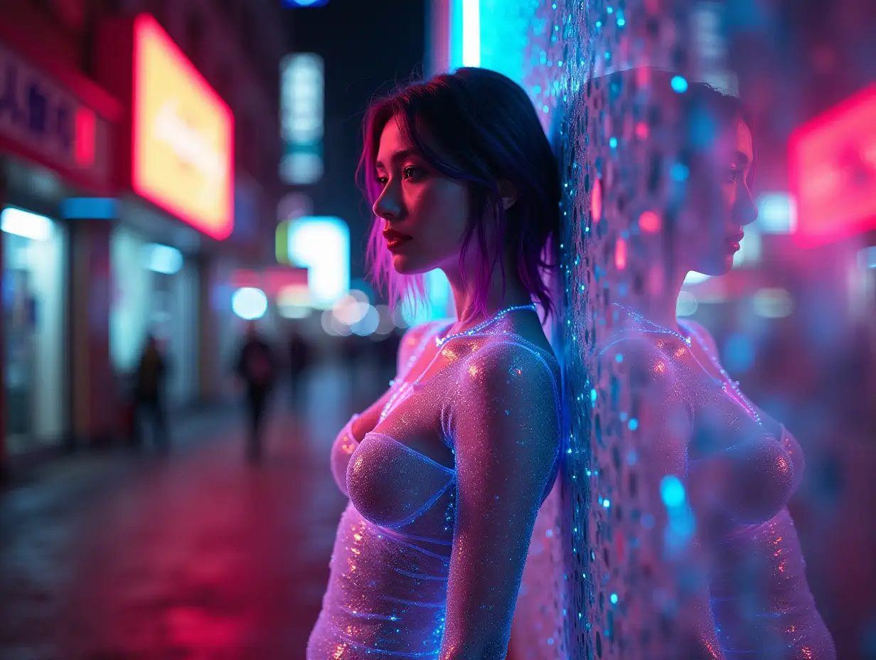 A translucent woman, seemingly made of vibrant city lights, leans against a neon-drenched wall in a cyberpunk cityscape. Her body reflects the surrounding glowing signs and buildings, creating a surreal and captivating image. The overall aesthetic is futuristic and artistic.