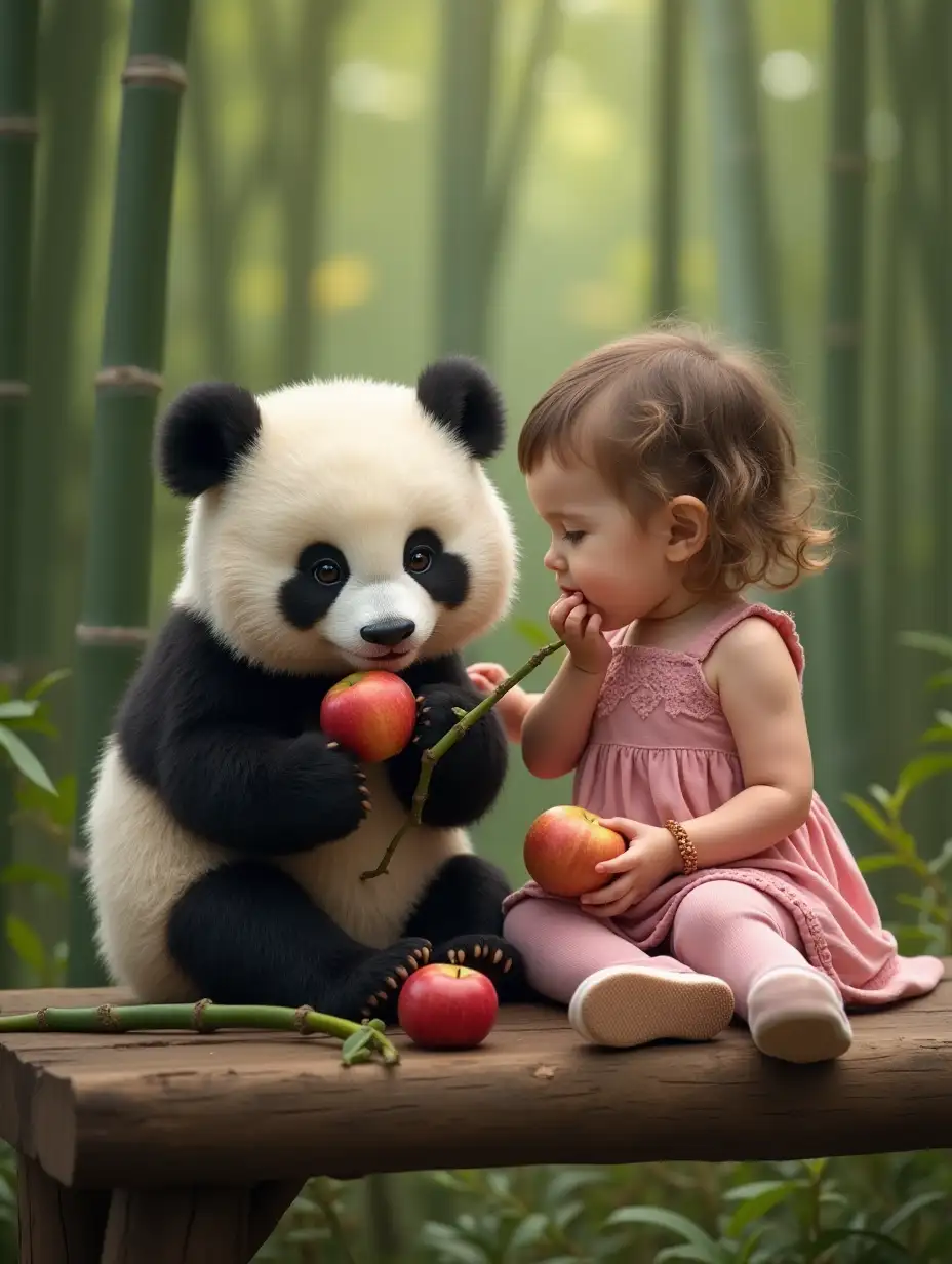 A fluffy panda sitting beside a 2-year-old girl on a wooden bench in a bamboo forest, both munching on bamboo shoots and apples together, their expressions radiating friendship