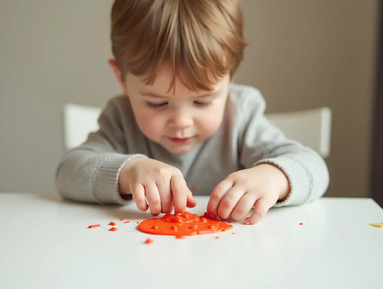 Little boy modeling from plasticine at white table in kindergarten, closeup