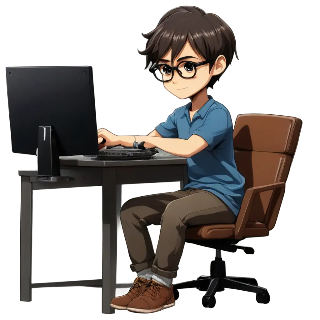 Chibi-Style-Anime-PNG-Image-of-a-Man-FixingPNG-Image-Usage-Analysis-a-Desktop-Computer-Casual-Look-with-Glasses