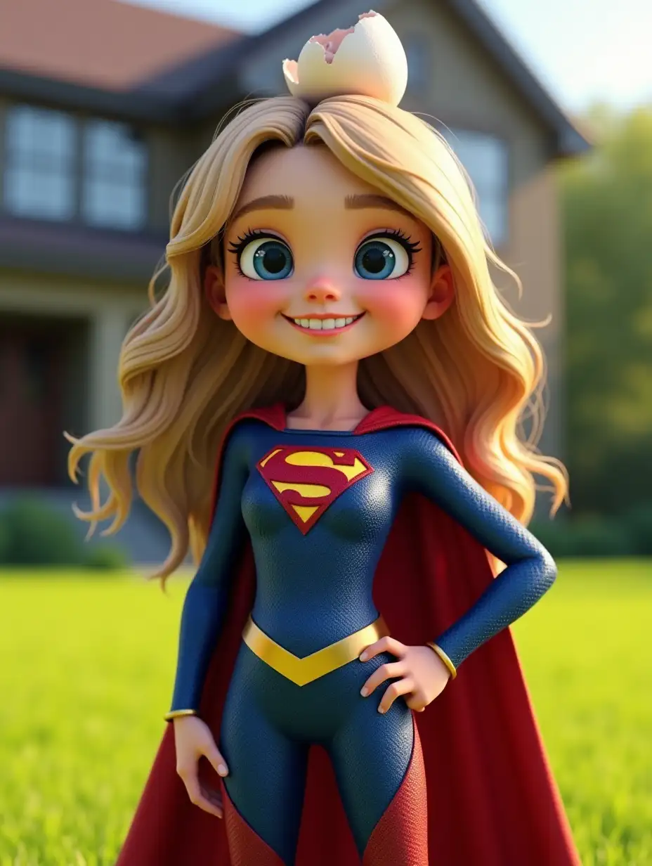 A highly detailed, ultra-realistic 3D render of a young Supergirl standing confidently in a vibrant outdoor setting. She has a cheerful and expressive face with large, bright eyes and a wide smile. Her costume is a sleek, futuristic blue bodysuit with a red cape, gold-trimmed accents, and the iconic 'S' emblem on her chest. Her flowing, wavy hair is voluminous, with subtle highlights. She wears a cracked eggshell on her head, adding a playful and humorous touch. The background features a lush green lawn with a beautifully designed suburban house, softly blurred for depth. The lighting is bright and natural, emphasizing the fine details of her costume, facial expression, and textures. The image is rendered in 4K resolution, with cinematic-quality shading, realistic materials, and dynamic lighting.