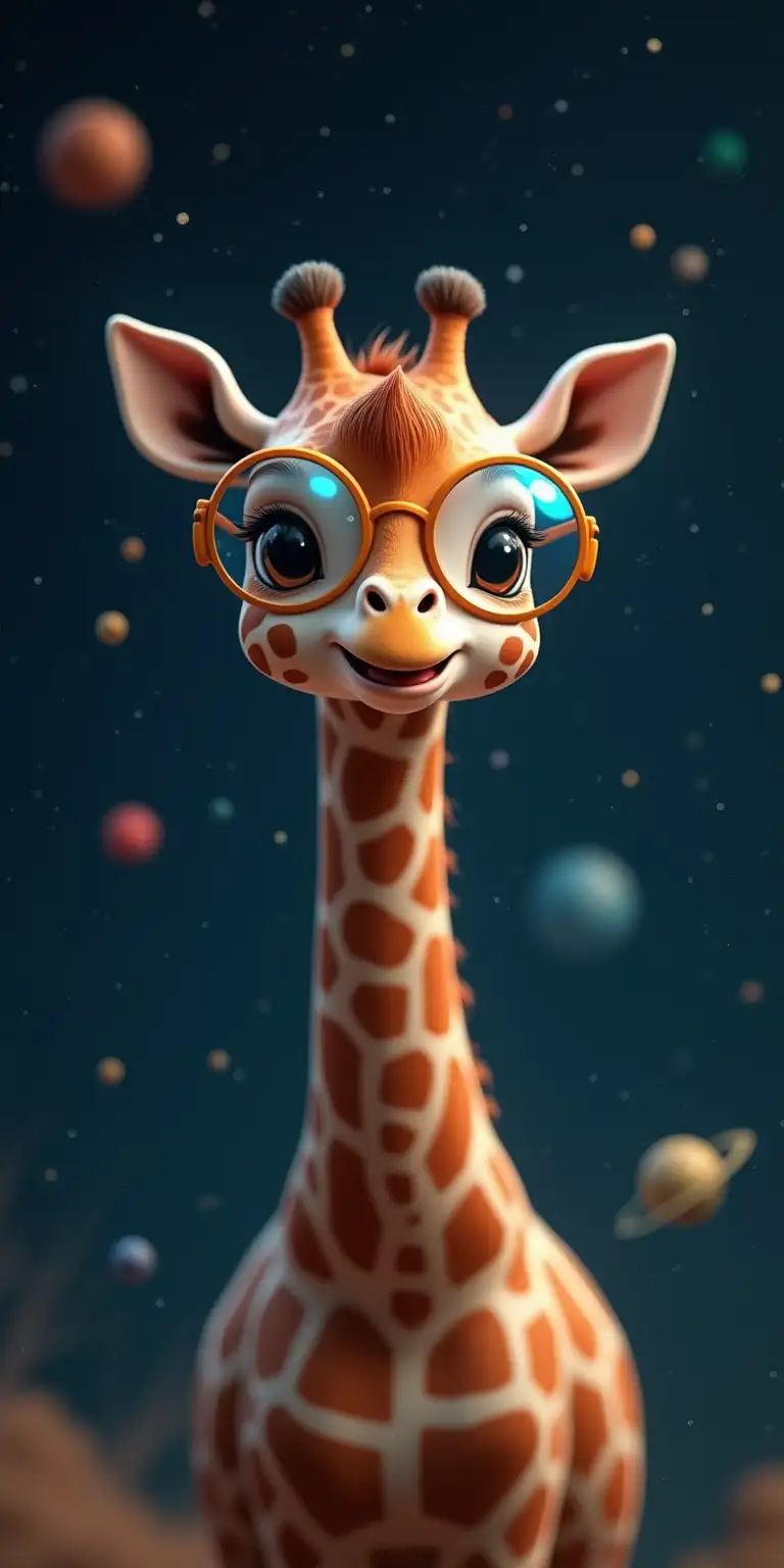 Cute Baby Giraffe with Glasses Exploring Space Among Stars and Planets