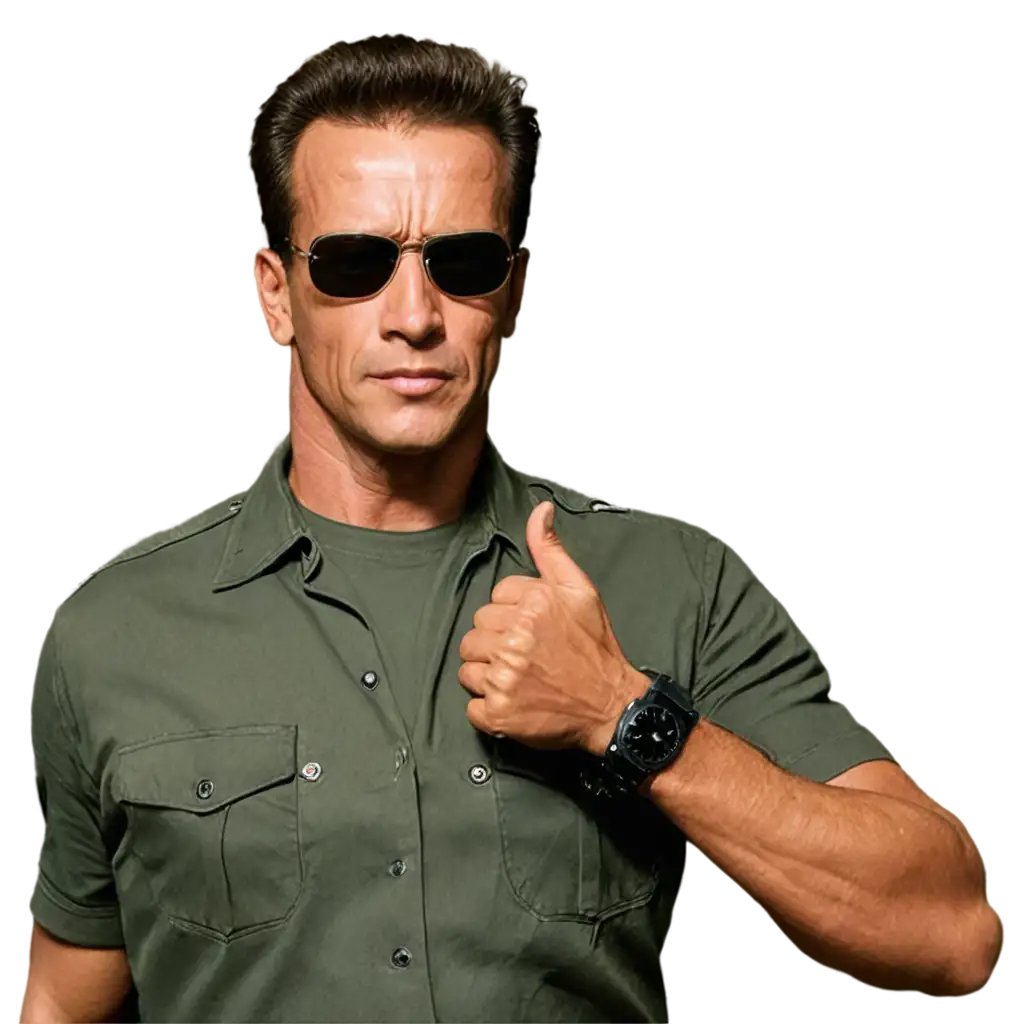 PNG-Image-of-Arnold-in-Terminator-Movie-with-RayBan-and-Police-Uniform-Muscle-Salute-Concept