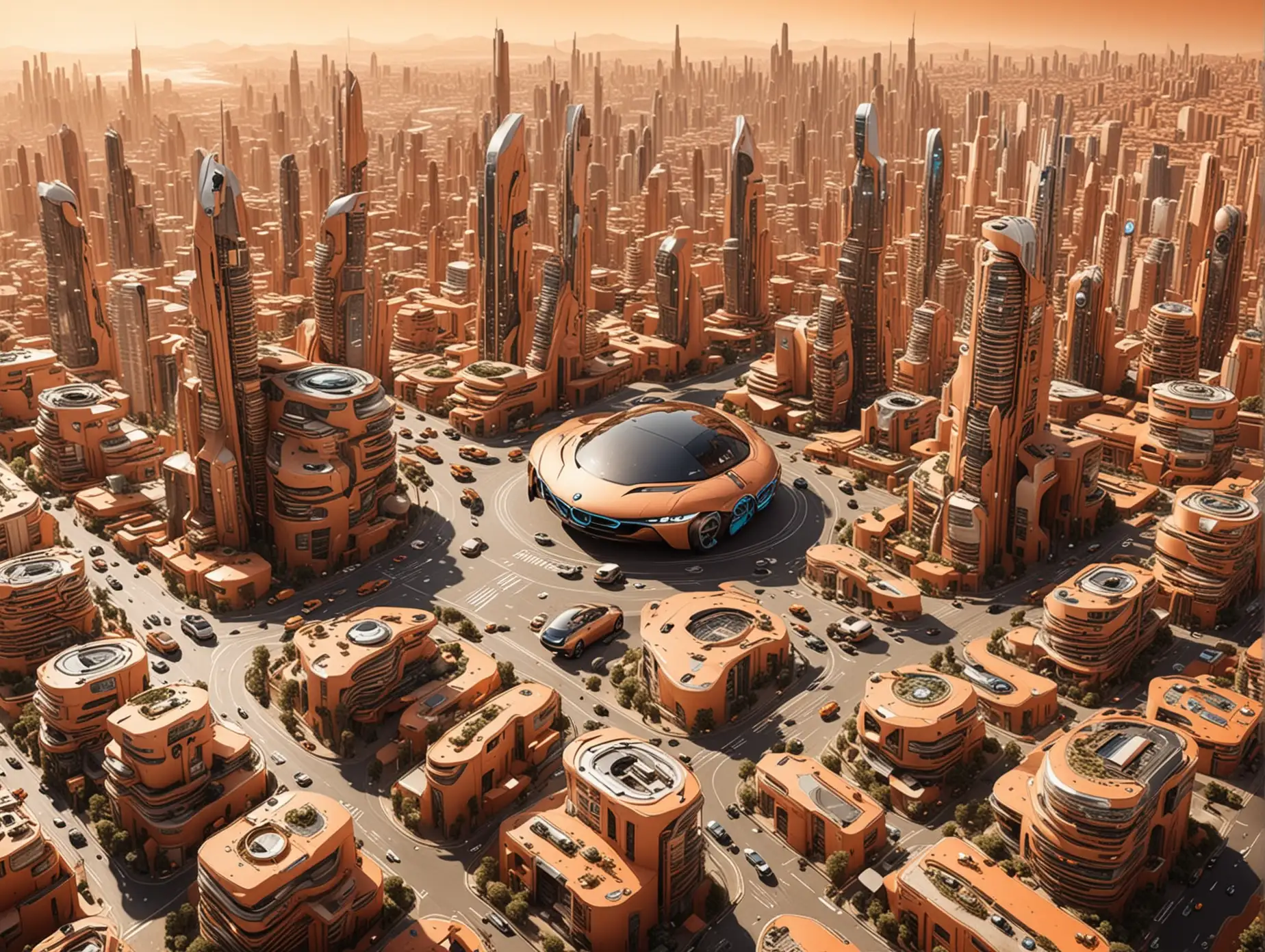 Futuristic Visionary City with SelfDriving BMW Cars and Round Buildings