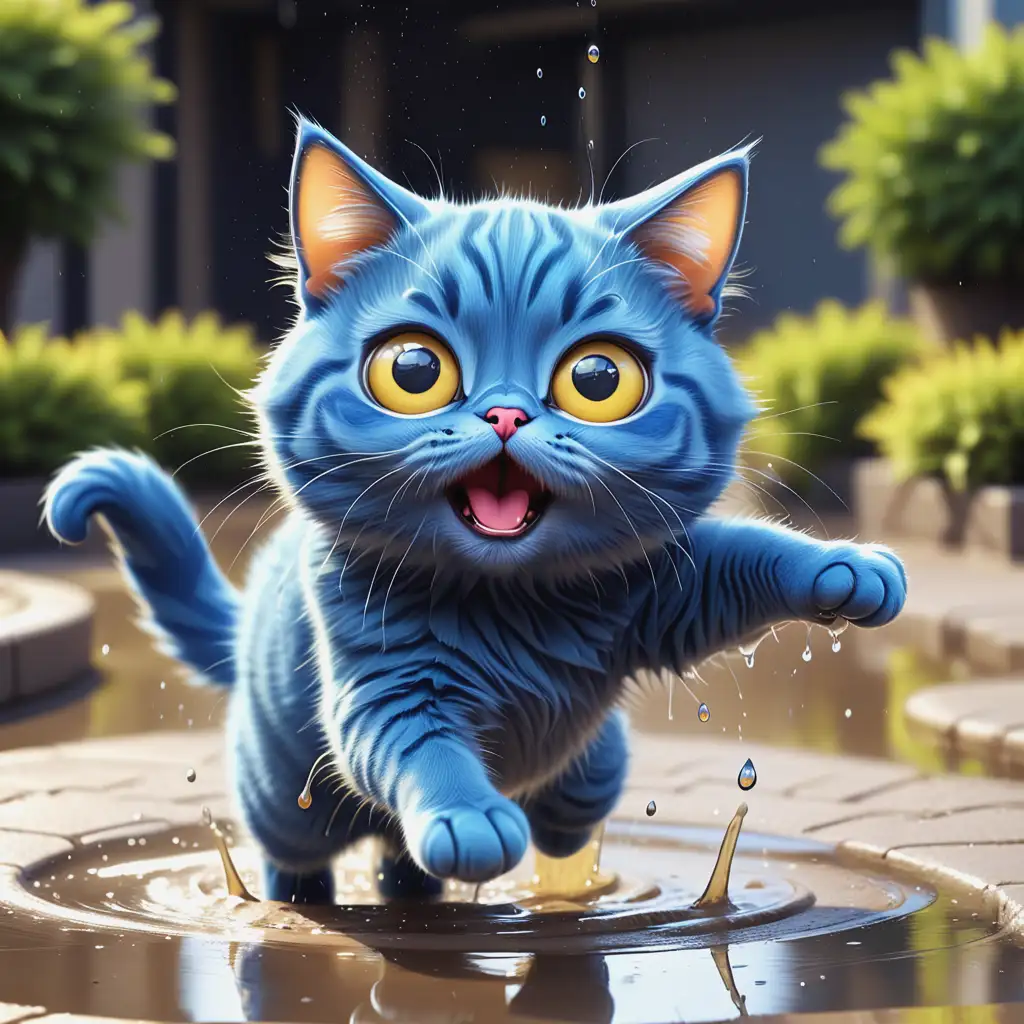 Playful BlueYellow Cat Jumping in Puddle