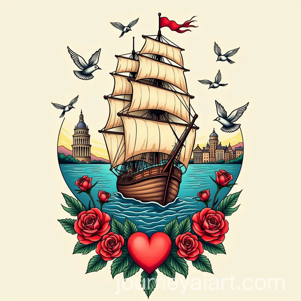 Traditional-Tattoo-Style-Sailing-Ship-with-Heart-and-Roses