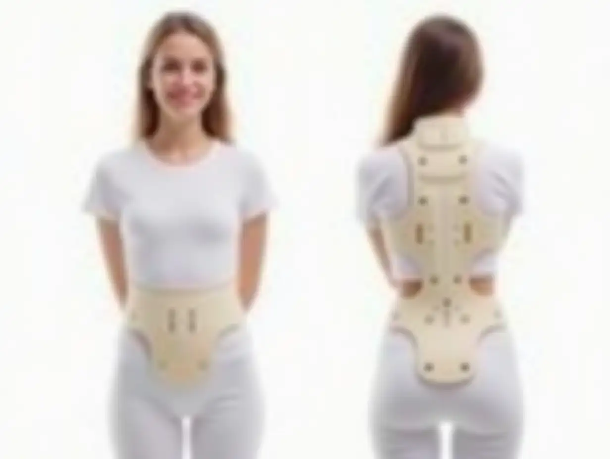 white background, a young woman, small, wears a very strong, tight-fitting orthopedic scoliosis brace, it is a thick, white pvc-brace, very hard pelvis corpus, corpus with thick steelbones, circumference closed brace, the brace is around her body and her chest, it is a very rigid brace, front side view to the brace total, we see two pictures, one picture is the frontside of the brace with the woman, one picture is the backside of the brace with the woman