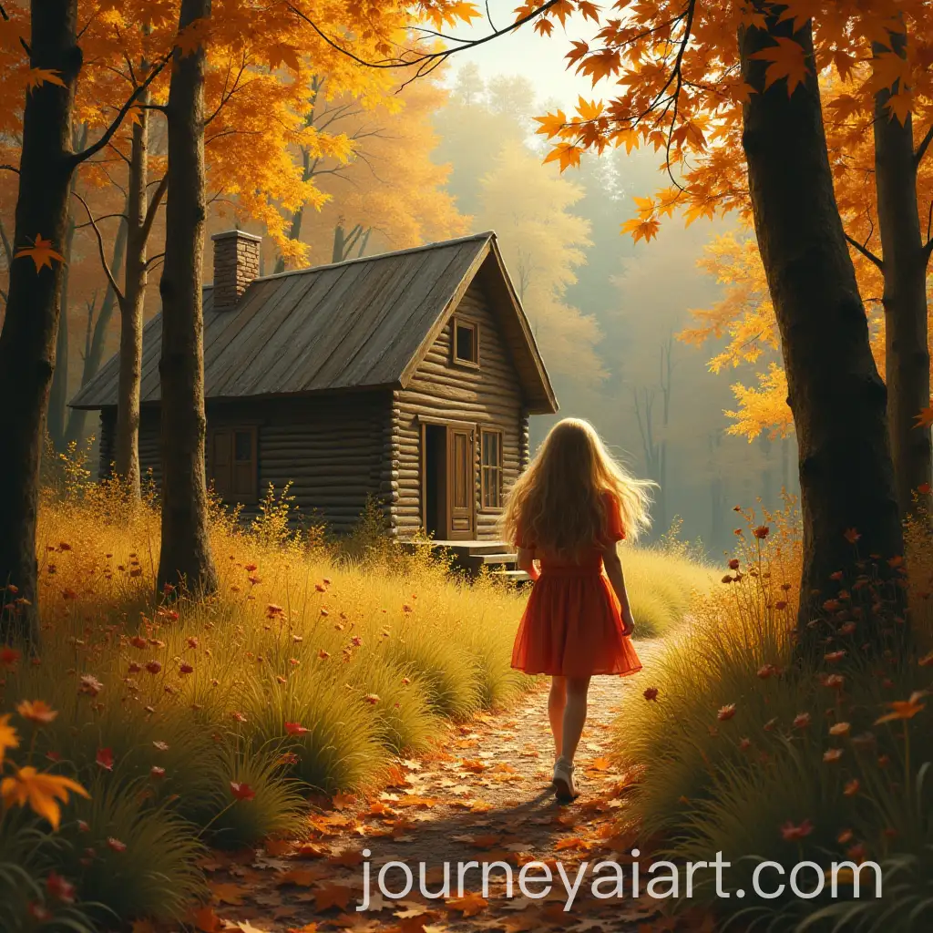 Young-Girl-Walking-Through-Autumn-Forest-to-Wooden-Cottage