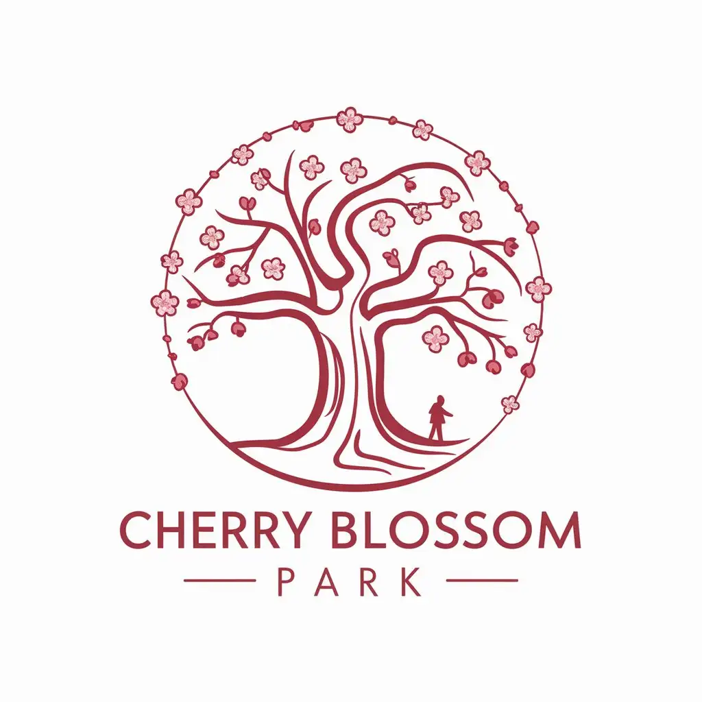 a vector logo design,with the text "cherry blossom", main symbol:user_prompt: A logo design concept for Cherry Blossom Park, incorporating a grand old tree and elements of people's happiness: n I. Overall shape n Circular in shape, symbolizing completeness and harmony. The outline of the circle can be made up of cherry blossoms, creating a romantic atmosphere. n II. Main body elements n 1. Grand old tree - Draw a grand old tree at the center of the logo, showcasing its robust trunk and lush branches. The trunk can be outlined with deeper lines to convey its years of growth and stability. In the branches of the grand old tree, cleverly weave in some cherry blossoms, symbolizing their harmonious coexistence in the park. n 2. People's happiness n - Below the grand old tree, sketch several figures holding hands and walking cheerfully in the park. Or, depict people enjoying a picnic, playing, or taking photos under cherry blossom trees surrounding the area, highlighting the delightful moments the park offers.,Moderate,clear background